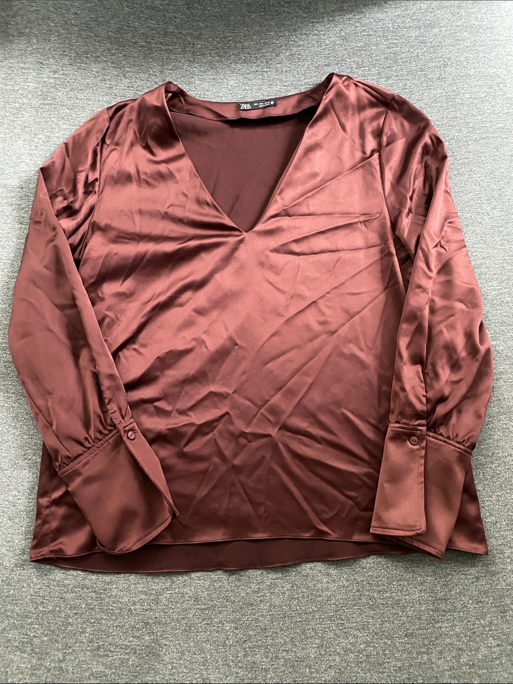 Zara Satin V-Neck Long-Sleeve Blouse